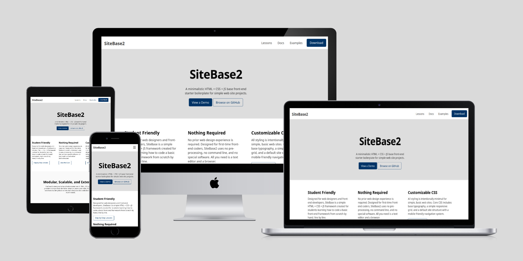 Visual of SiteBase in four devices: mobile phone, tablet, notebook, and desktop monitor
